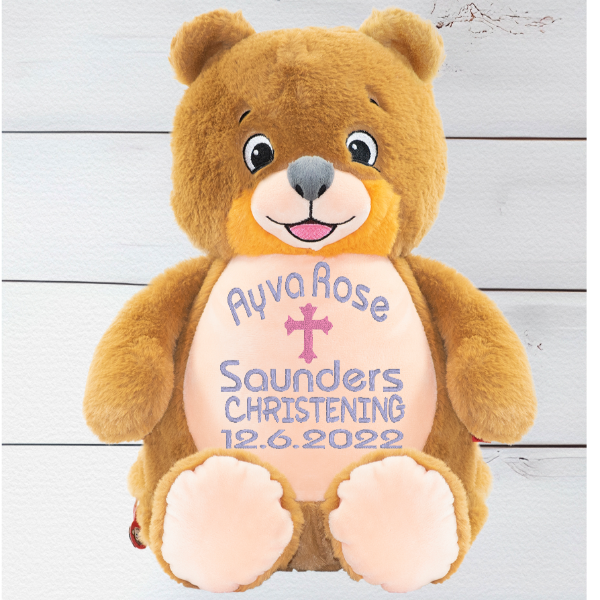 Personalised Cubbies Embroidery brown teddy bear named Theodore with soft fur and customisable embroidery details