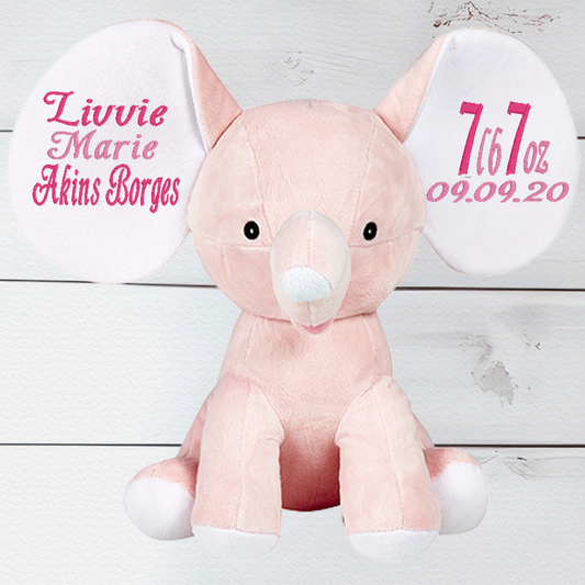 Personalised Embroidery Nelly the Baby Pink Elephant Teddy Bear - CreationPartyShop