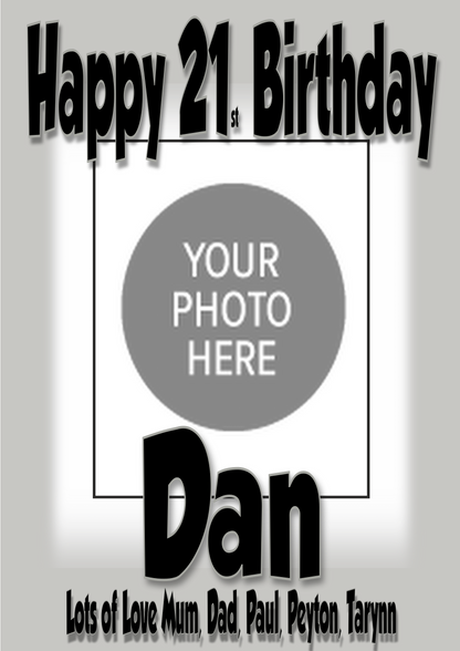 Personalised Birthday Party Photo Banners Posters are offered in a Various Colour Designs, featuring a combination of two images on the banner one image on posters.  Our customisable banners and posters can be personalised with any age, name, colour.  All our Banners Posters are printed on Luxury 240gsm Photo Paper.