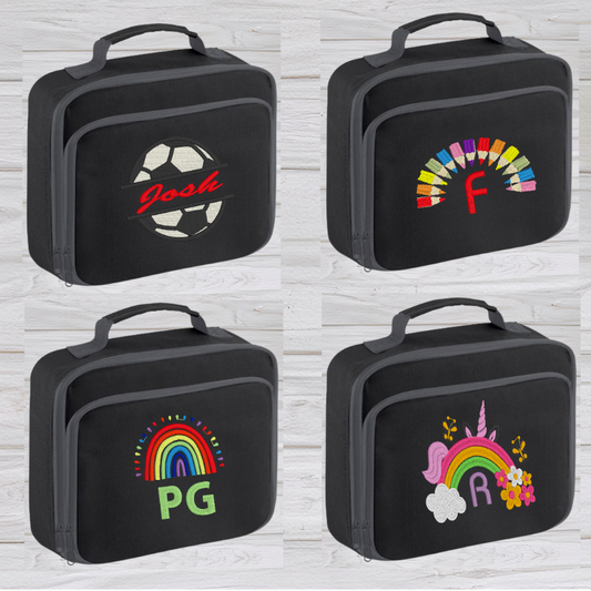 Introducing the ultra-stylish, Personalised Lunch Box Cooler! It's the total package: Zippered front pocket for easy customization. Zippered main compartment. Fully insulated. Wipeable interior. Internal ID label.  Colour - Black Adjustment handle from 7.5cm to 8cm. Reach certified. Dimensions 24 x 20 x 8cm. 3 litres.  Choose between 4 colours - Jet Black, Jungle Camo, Navy Blue, Pretty in Pink!  Personalisation comes complimentary - no extra cost!