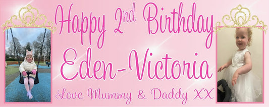 Personalised Princess Themed Birthday Party Photo Banners & Posters, featuring a combination of two images on the banners & one image on posters.  Our customisable banners and posters can be personalised with any age, name and images.