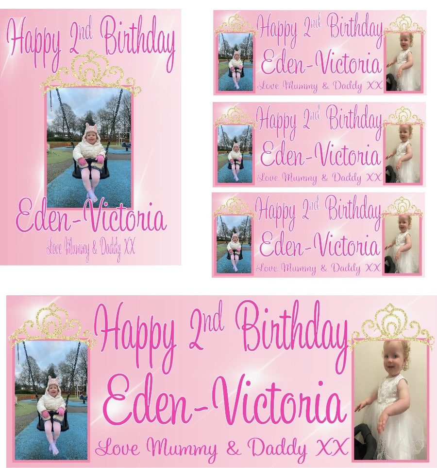 Personalised Princess Themed Birthday Party Photo Banners & Posters, featuring a combination of two images on the banners & one image on posters.  Our customisable banners and posters can be personalised with any age, name and images.
