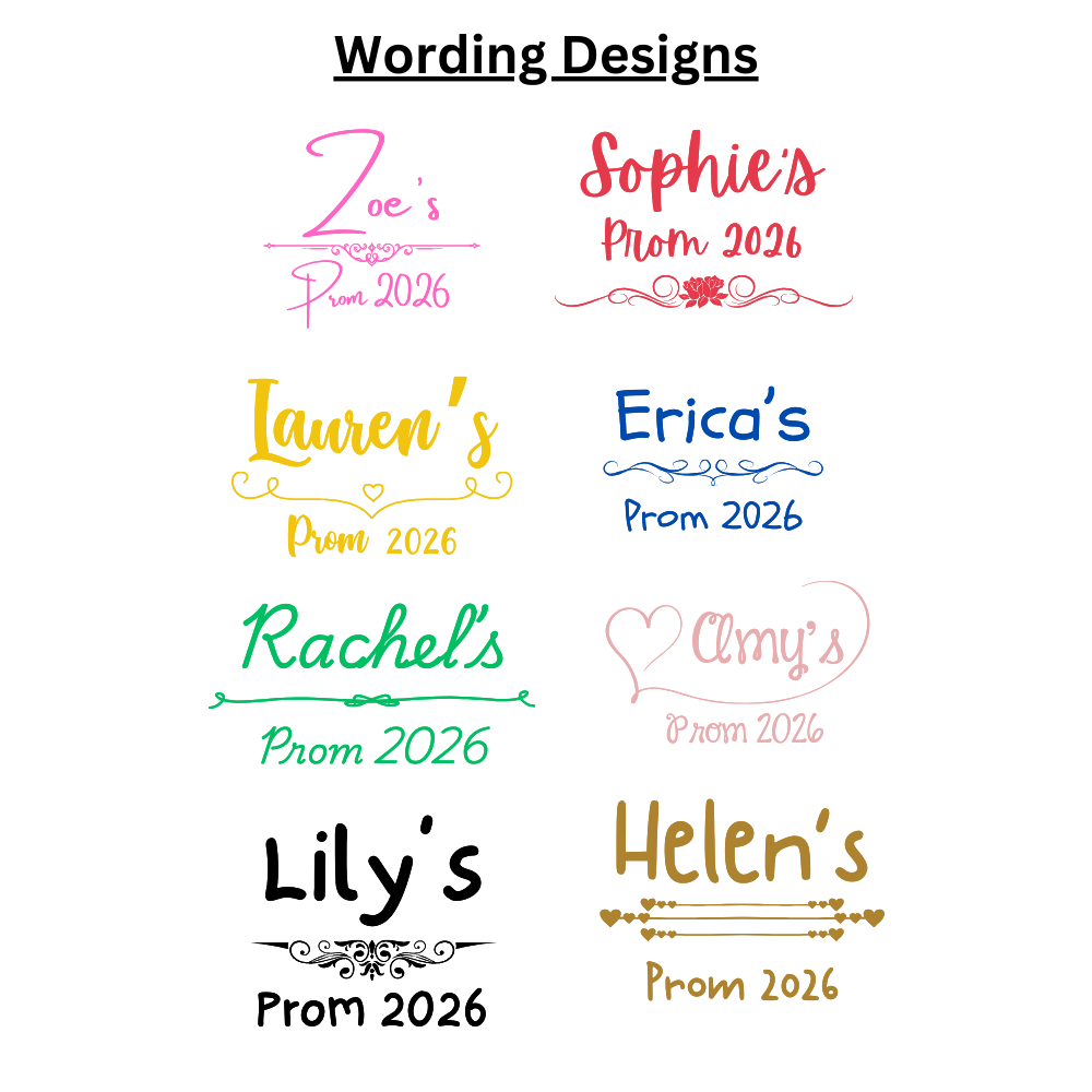 Collection of personalized 'Prom 2026' designs with different names in various colors choices.