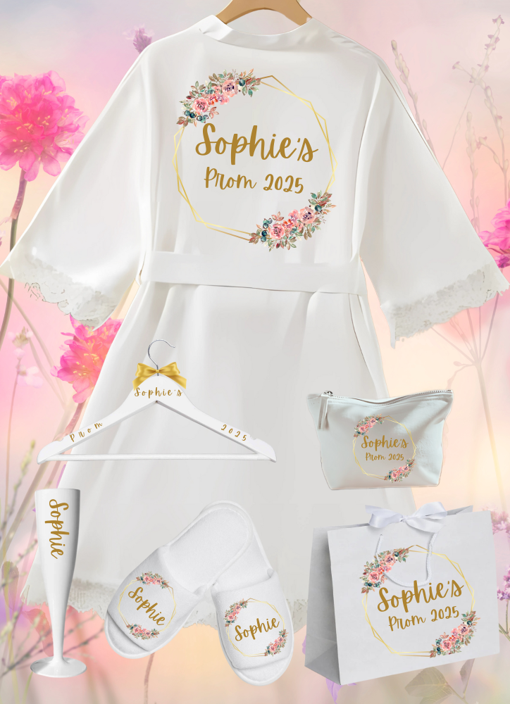 Step into a world of elegance with the perfect personalised Prom lace robe and accessories, including Hangers, Make Up Bags, Wine Flute, Spa Slippers, Gift Bag. Crafted from a stunning combination of delicate lace and luxurious satin, this robe is the epitome of sophistication and comfort.