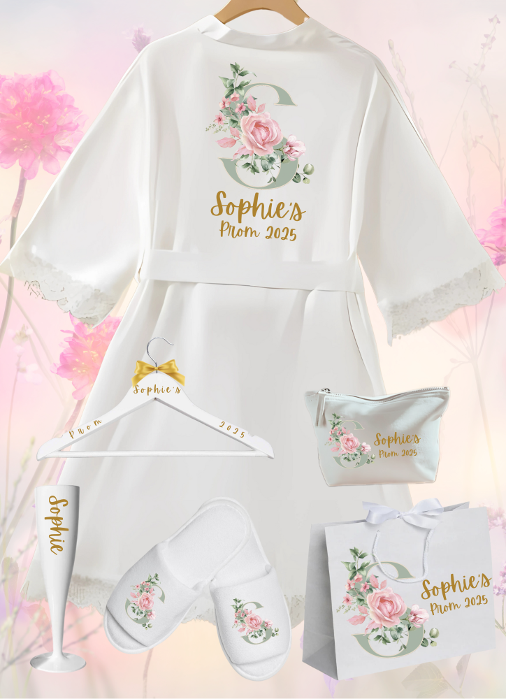Step into a world of elegance with the perfect personalised Prom lace robe and accessories, including Hangers, Make Up Bags, Wine Flute, Spa Slippers, Gift Bag. Crafted from a stunning combination of delicate lace and luxurious satin, this robe is the epitome of sophistication and comfort.