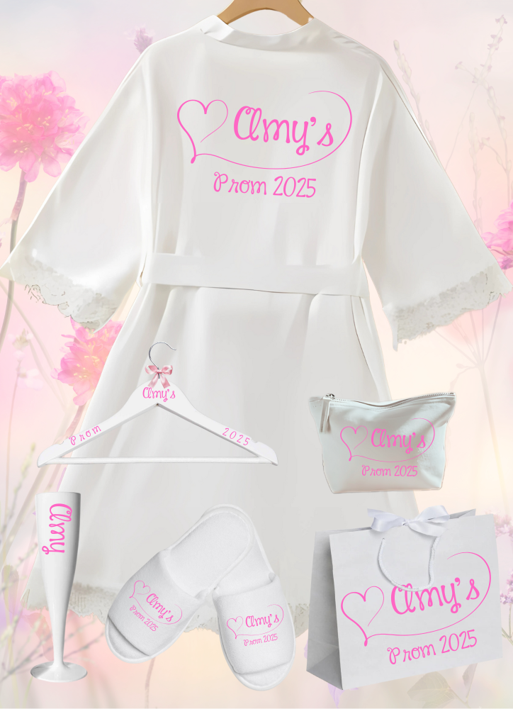 Step into a world of elegance with the perfect personalised Prom lace robe and accessories, including Hangers, Make Up Bags, Wine Flute, Spa Slippers, Gift Bag. Crafted from a stunning combination of delicate lace and luxurious satin, this robe is the epitome of sophistication and comfort.