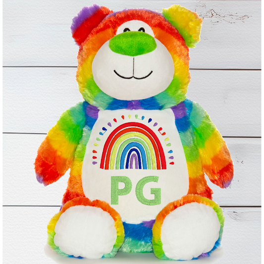 Cubbyford the Rainbow has a flashy zip feature that lets you take out the pod stuffing so you can get the 'bear necessities' (that's a pun right there) and make him sparkly clean - just chuck him in the washing machine! Not only that, but you can stuff him with PJs for sleepover fun - at 13 inches tall he's the perfect buddy.  Begin customising your teddy bear by selecting from one of our themed designs .