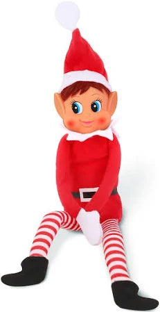Elf on the Shelf toy in a red outfit with striped pants on a white background