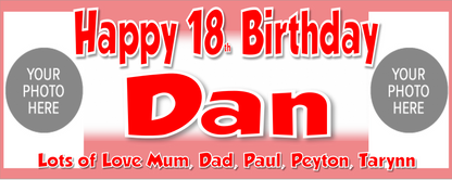 Personalised Birthday Party Photo Banners Posters are offered in a Various Colour Designs, featuring a combination of two images on the banner one image on posters.  Our customisable banners and posters can be personalised with any age, name, colour.  All our Banners Posters are printed on Luxury 240gsm Photo Paper.