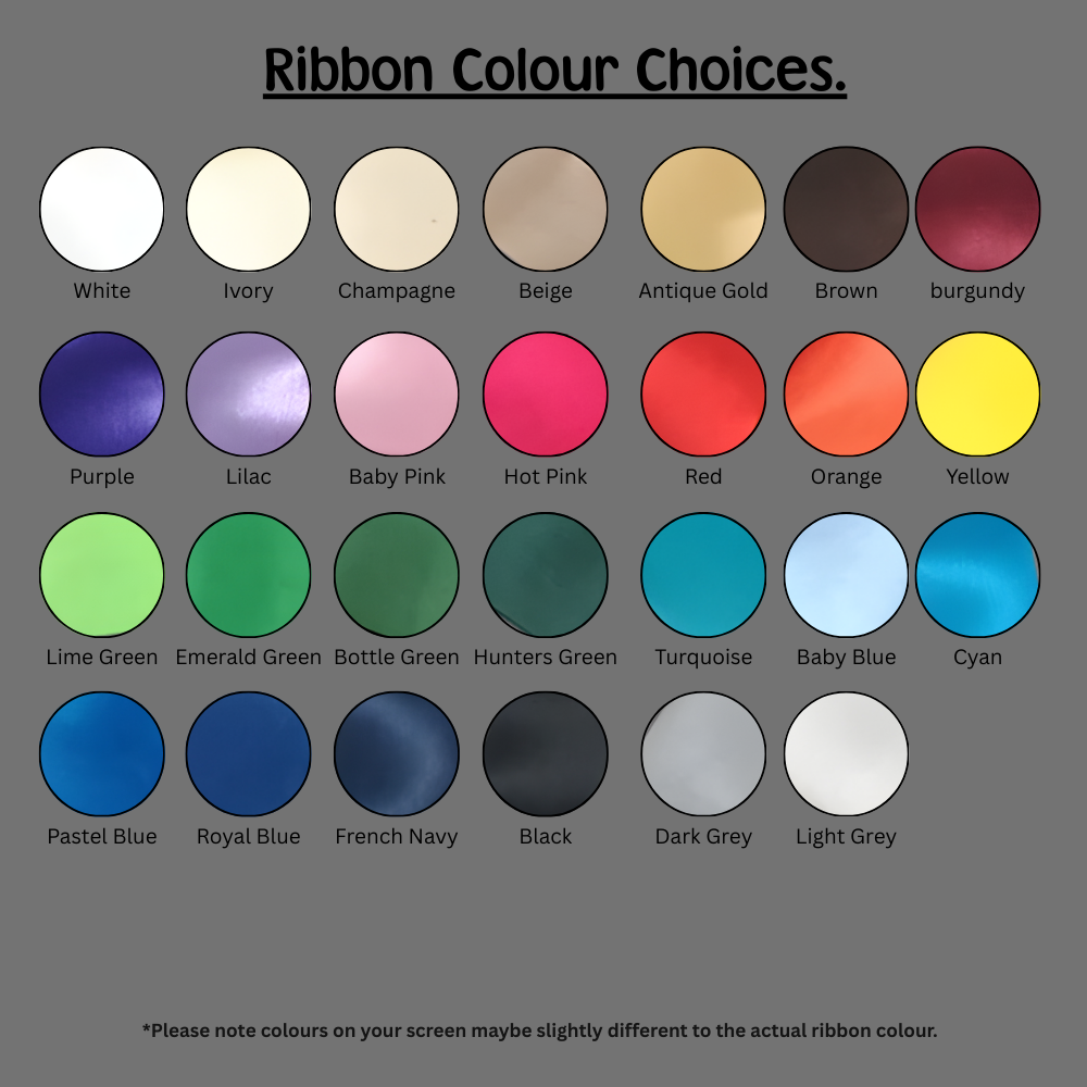 Color swatches for ribbon choices on a gray background