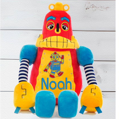 Personalised Robot Teddy Bear named Dave with red-yellow body and custom embroidery
