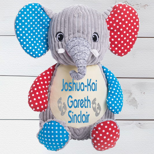 Personalised Embroidery Eric the Sensory Red & Blue Elephant Teddy Bear - CreationPartyShop