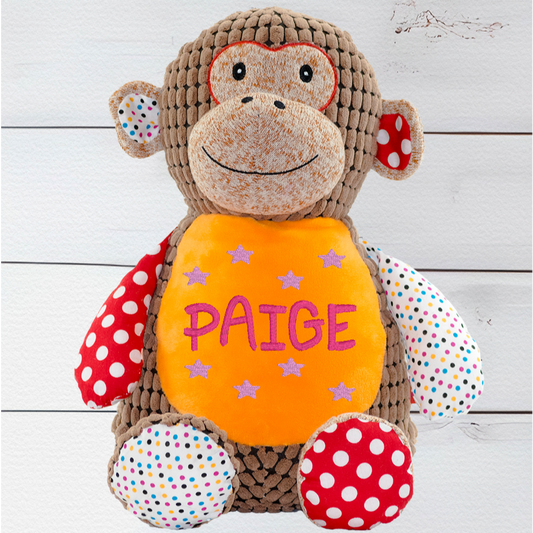 Huggles also has a special zipper, so you can remove the stuffing pods and wash him in your machine! Plus, you can also fill Huggles with PJs for a fun sleepover. He's about 13 inches tall - the perfect size for a hug!  Personalise your teddy bear by selecting from one of our themed designs. Complete the process by entering all the required personal information for customised embroidery details on the bear. Get your unique and customised Huggles the Sensory Monkey Teddy Bear today.