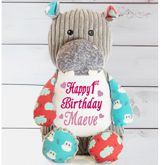 Personalised Embroidery Lumpty Lou the Sensory Hippo Teddy Bear - CreationPartyShop