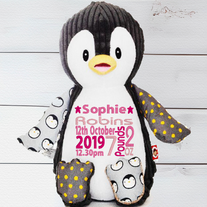 Personalised Embroidery sensory penguin teddy bear with dark grey body, patterned arms, and custom name message options