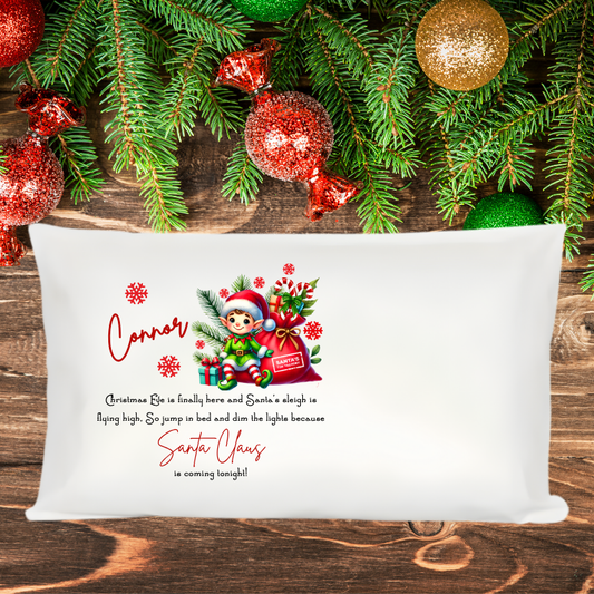Make Christmas Eve extra magical with our Personalised Christmas Eve Sitting Elf Christmas Design Pillowcase — the perfect festive touch for your little one’s christmas eve bedtime excitement!