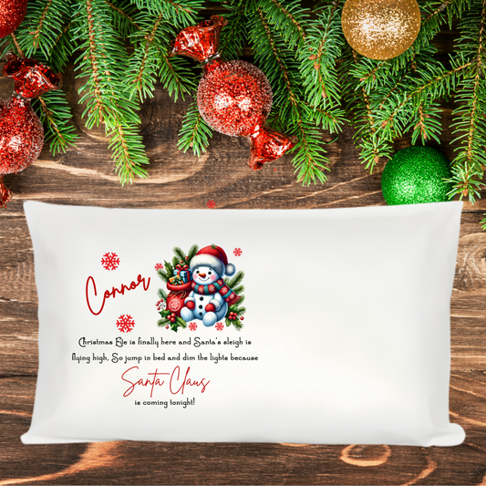 Make Christmas Eve extra magical with our Personalised Christmas Eve Sitting Snowman Christmas Design Pillowcase — the perfect festive touch for your little one’s christmas eve bedtime excitement!
