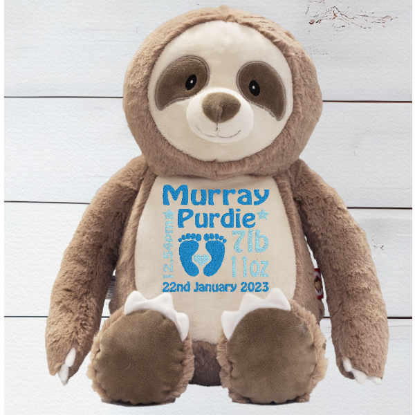 Personalised Cubbies embroidered sloth teddy bear named Clingy with beige and brown soft fur and customisable details