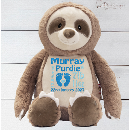 Personalised Cubbies embroidered sloth teddy bear named Clingy with beige and brown soft fur and customisable details