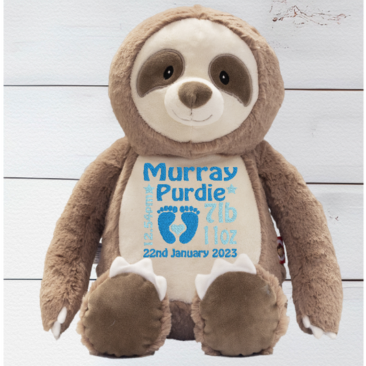 Sloth teddy bear which is personalised with embroidery unique designs and fully customisable
