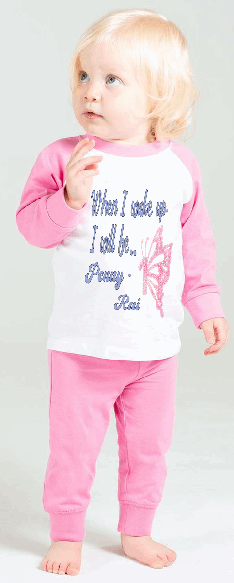 Searching for the perfect wake up PJs for your little girl? Look no more! Our one-of-a-kind "When I Wake Up" design set is the perfect addition to any birthday bash. Personalized with a name and age, these jammies come in both Solid Pink & White, Pink Candy Striped  White. Enhance your sleepwear with our exquisite Butterfly Number Monogram Design, featuring delicate and vibrant colours for both the font and butterfly number monogram.