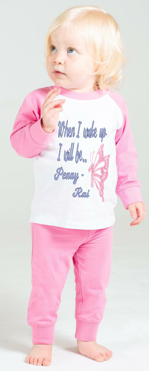 Searching for the perfect wake up PJs for your little girl? Look no more! Our one-of-a-kind "When I Wake Up" design set is the perfect addition to any birthday bash. Personalized with a name and age, these jammies come in both Solid Pink & White, Pink Candy Striped  White. Enhance your sleepwear with our exquisite Butterfly Number Monogram Design, featuring delicate and vibrant colours for both the font and butterfly number monogram.