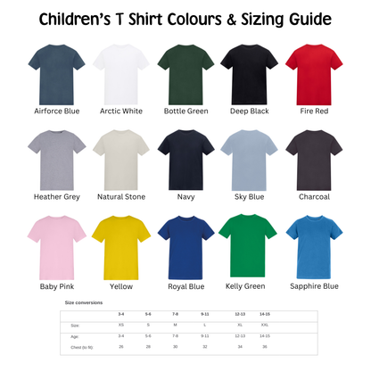 Children's t-shirt color and size chart on a white background