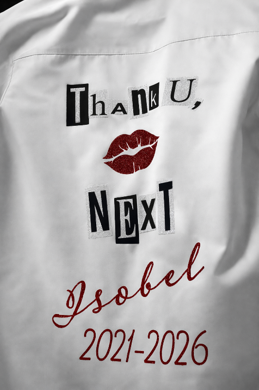 Personalised white satin leavers shirt with Thank U Next design, red lips graphic and Isobel 2021–2026 print