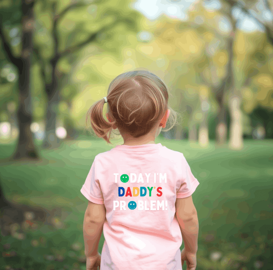 Introducing Today I'm Daddy's Problem! T Shirt - ideal for all those cheeky kiddos! They're the perfect match for any child. Printed on the back or front of super soft t shirts.

Select from a choice of 14 t shirt Colours for both baby and toddlers.