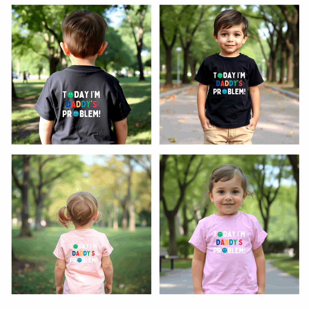 Introducing Today I'm Daddy's Problem! T Shirt - ideal for all those cheeky kiddos! They're the perfect match for any child. Printed on the back or front of super soft t shirts.
