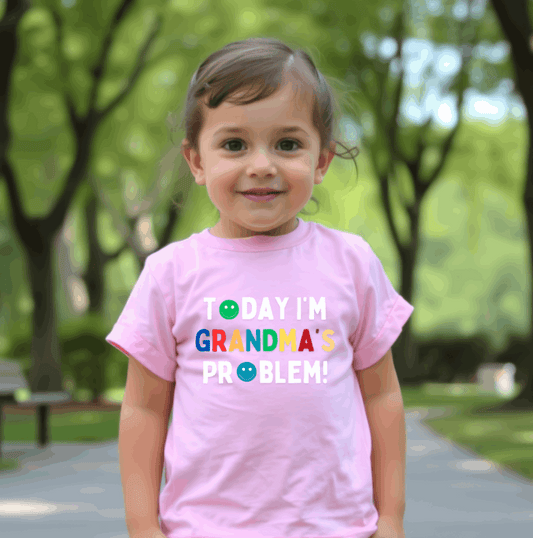 Introducing Today I'm Grandma's Problem! T Shirt - ideal for all those cheeky kiddos! They're the perfect match for any child. Printed on the back or front of super soft t shirts.

Select from a choice of 14 t shirt Colours for both baby and toddlers.