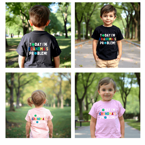 Introducing Today I'm Grandma's Problem! T Shirt - ideal for all those cheeky kiddos! They're the perfect match for any child. Printed on the back or front of super soft t shirts.

Select from a choice of 14 t shirt Colours for both baby and toddlers.