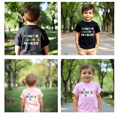 Introducing Today I'm Grandma's Problem! T Shirt - ideal for all those cheeky kiddos! They're the perfect match for any child. Printed on the back or front of super soft t shirts.

Select from a choice of 14 t shirt Colours for both baby and toddlers.