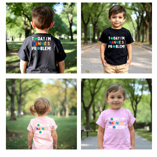  Introducing Today I'm Nannie's Problem! T Shirt - ideal for all those cheeky kiddos! They're the perfect match for any child. Printed on the back or front of super soft t shirts.

Select from a choice of 14 t shirt Colours for both baby and toddlers.