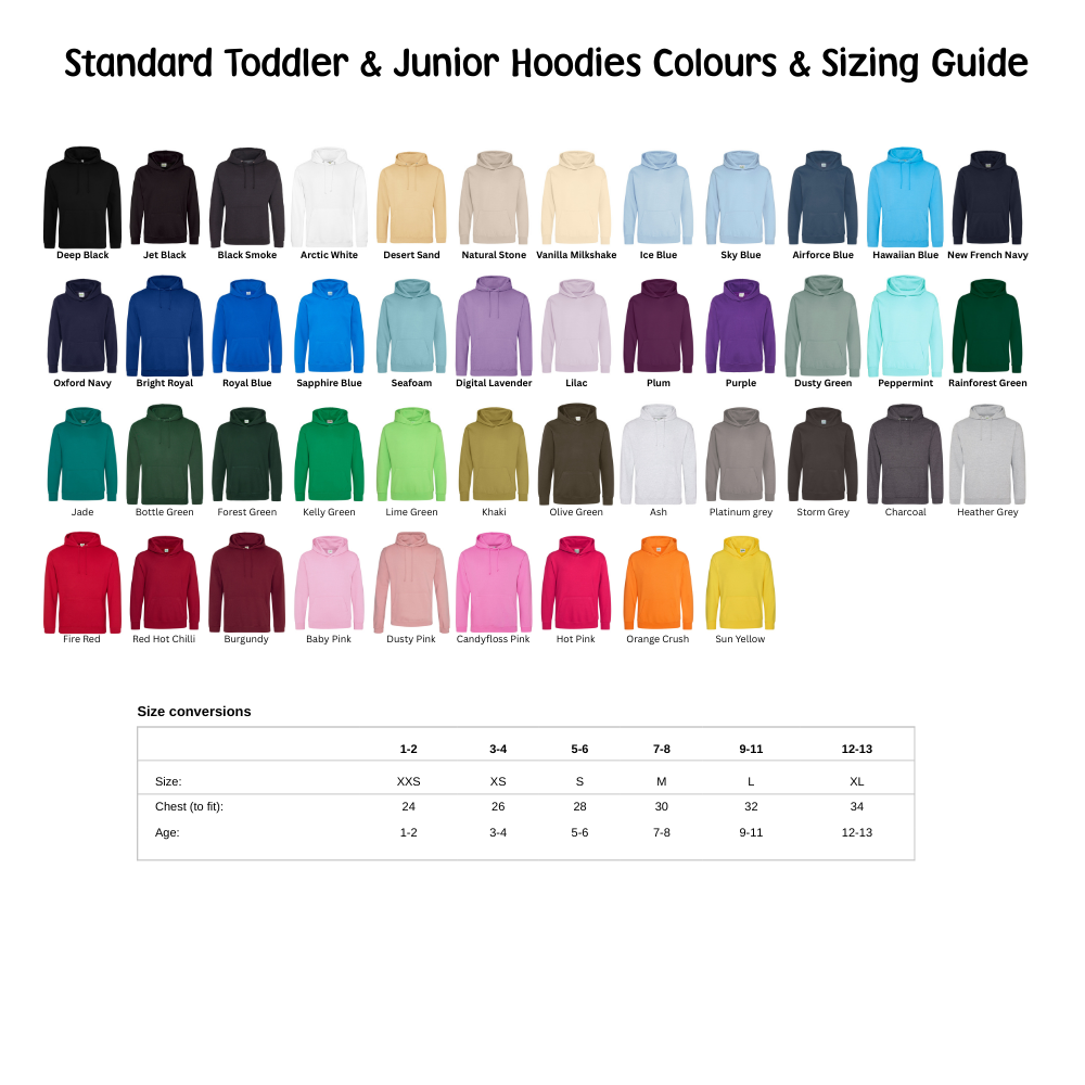 Color chart for standard toddler and junior hoodies with size conversions on a white background.
