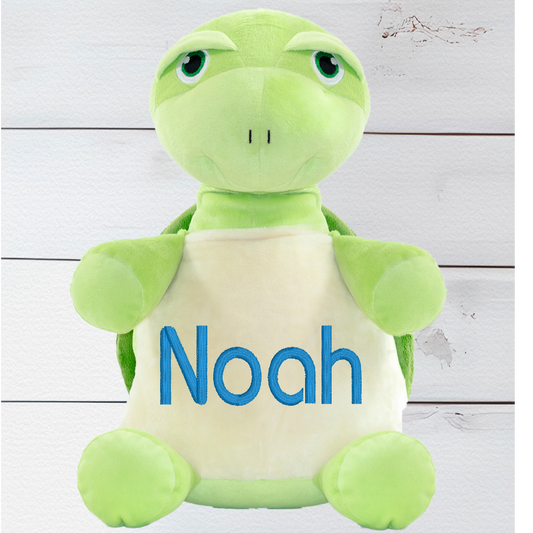 Mr Shigglesworth the Turtle has a unique zip design which enables you to remove the inside stuffing pods and safely wash. Mr Shigglesworth is Machine washable. You can also fill Mr Shigglesworth with PJs etc and use them for a sleep over.  Mr Shigglesworth the Turtle Bear is around 13 Inches in height.