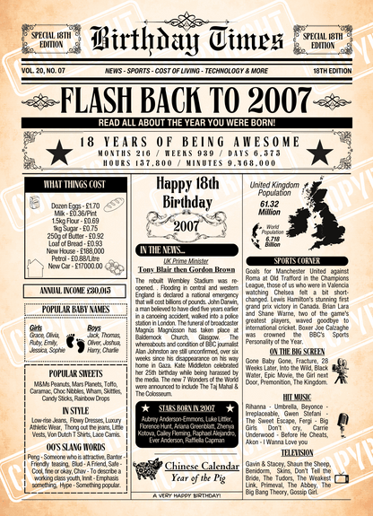 Age 18 - British Version Newspaper Poster from the Year you were born, What happened in 2007