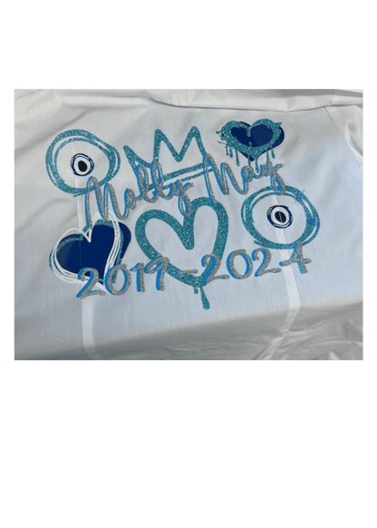 Personalised Glitter, Diamante Crown, Evil Eyes with Hearts Feathers School Leavers Signing Shirts Class of Year 2025 Kids - CreationPartyShop