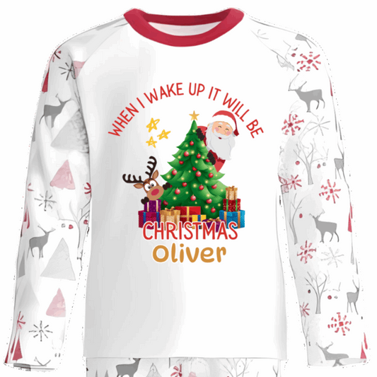 Bring the magic of Christmas Eve to life with our luxury personalised pyjamas, beautifully designed with festive Santa, reindeer, and Christmas tree details. Featuring the joyful phrase “When I Wake Up It Will Be Christmas”, these pyjamas capture the excitement of the night before Christmas in the cosiest way possible.