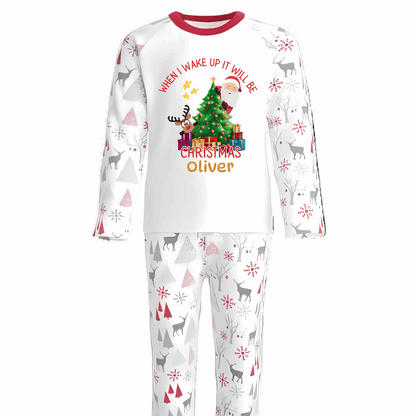 Bring the magic of Christmas Eve to life with our luxury personalised pyjamas, beautifully designed with festive Santa, reindeer, and Christmas tree details. Featuring the joyful phrase “When I Wake Up It Will Be Christmas”, these pyjamas capture the excitement of the night before Christmas in the cosiest way possible.