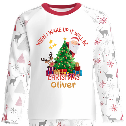 Bring the magic of Christmas Eve to life with our luxury personalised pyjamas, beautifully designed with festive Santa, reindeer, and Christmas tree details. Featuring the joyful phrase “When I Wake Up It Will Be Christmas”, these pyjamas capture the excitement of the night before Christmas in the cosiest way possible.