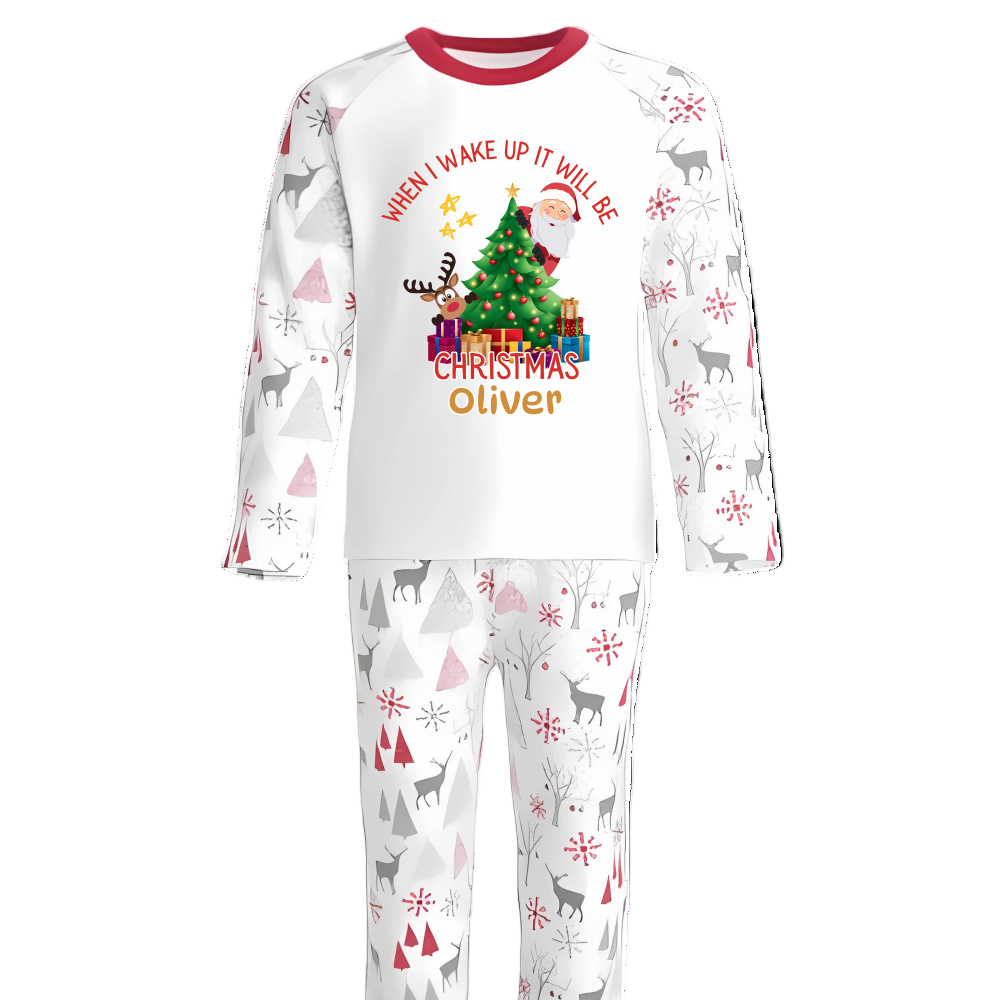Bring the magic of Christmas Eve to life with our luxury personalised pyjamas, beautifully designed with festive Santa, reindeer, and Christmas tree details. Featuring the joyful phrase “When I Wake Up It Will Be Christmas”, these pyjamas capture the excitement of the night before Christmas in the cosiest way possible.