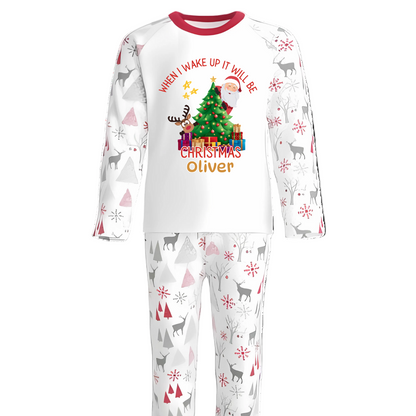 Bring the magic of Christmas Eve to life with our luxury personalised pyjamas, beautifully designed with festive Santa, reindeer, and Christmas tree details. Featuring the joyful phrase “When I Wake Up It Will Be Christmas”, these pyjamas capture the excitement of the night before Christmas in the cosiest way possible.