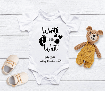Capture your pregnancy announcement with this adorable personalised baby grow! Personalised with Baby Surname and Arrival Month &amp; Year. Share your excitement on social media platforms with the unique touch of a custom baby bodysuit. It also makes for the perfect baby shower gift.