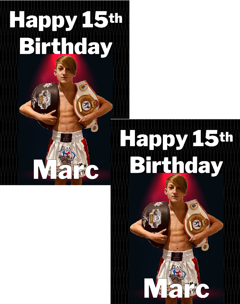 Personalised birthday banners and posters themed around MMA.  MMA themed birthday posters and banners which can include photos. Hang some extras too! Let your guests have their own championship photo ops on the night of your big event.