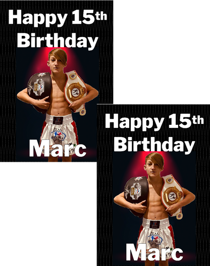 Personalised birthday banners and posters themed around MMA.  MMA themed birthday posters and banners which can include photos. Hang some extras too! Let your guests have their own championship photo ops on the night of your big event.