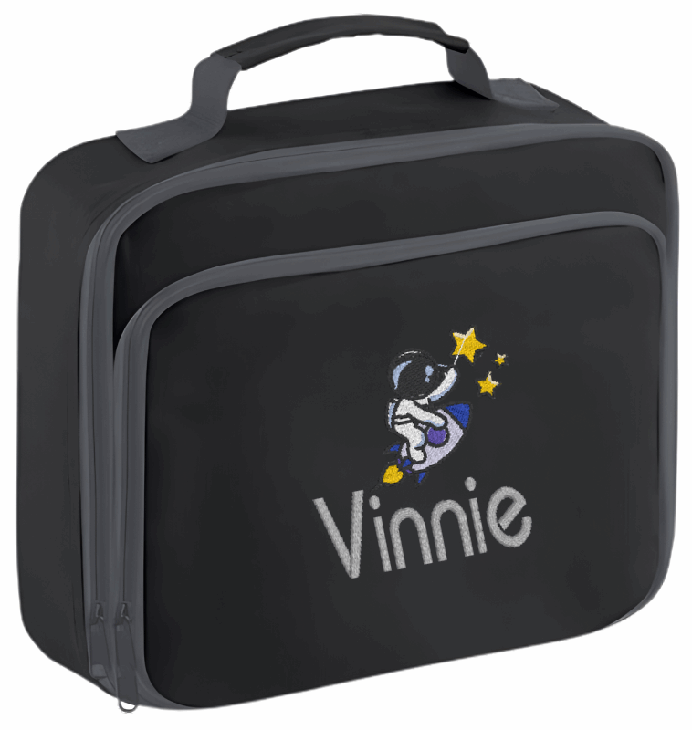 Introducing the ultra-stylish, Personalised Lunch Box Cooler! It's the total package: Zippered front pocket for easy customization. Zippered main compartment. Fully insulated. Wipeable interior. Internal ID label.

Embroidery Personalisation comes complimentary - no extra cost!

Featuring a fun Personalised Astronaut Design.