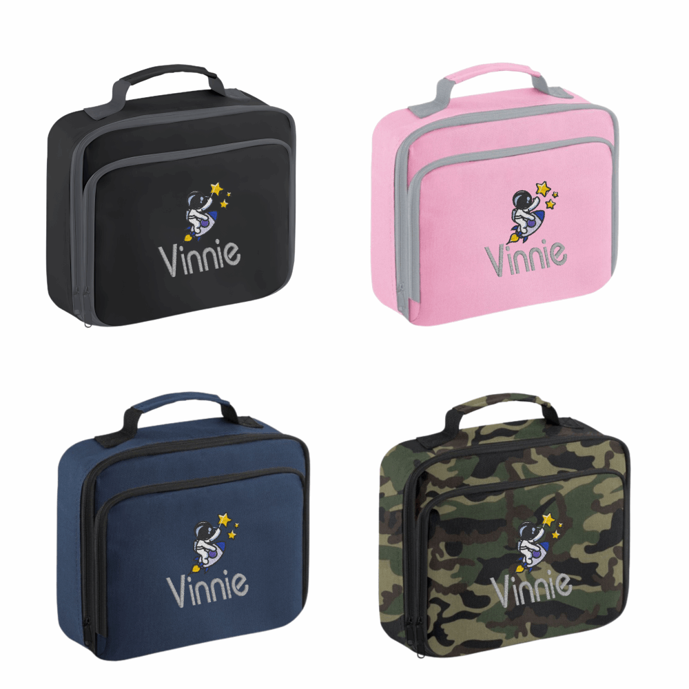 Introducing the ultra-stylish, Personalised Lunch Box Cooler! It's the total package: Zippered front pocket for easy customization. Zippered main compartment. Fully insulated. Wipeable interior. Internal ID label.

Embroidery Personalisation comes complimentary - no extra cost!

Featuring a fun Personalised Astronaut Design.