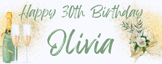 Personalised birthday banners and posters in the theme of gold glitter and floral, Bring your birthday celebrations to life with personalised posters and banners! Our gold glitter and floral theme creates a stunning backdrop for your celebration. Make your special day one to remember with our customizable banners and posters.