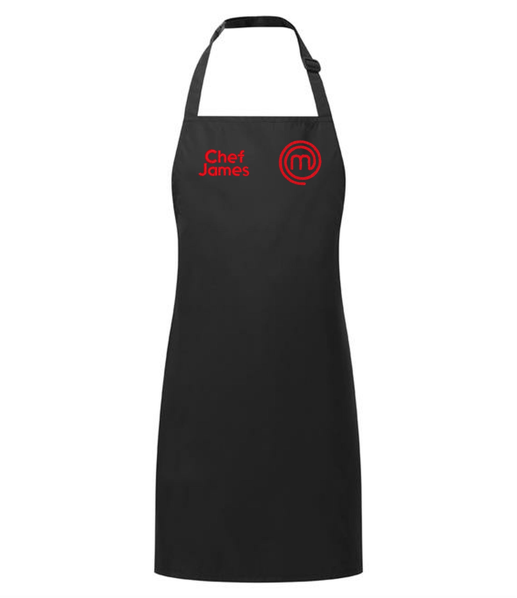Personalised Black MasterChef apron with custom name embroidery UK